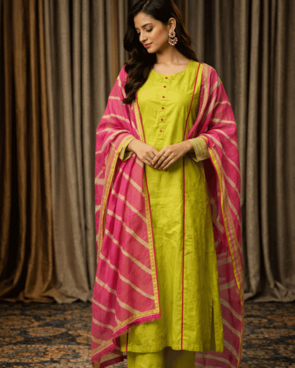 lime green cotton embroidered kurta pant set with pink dupatta