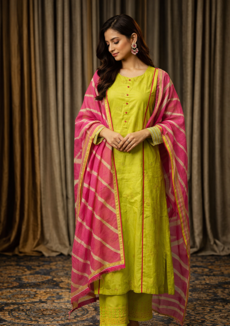 lime green cotton embroidered kurta pant set with pink dupatta
