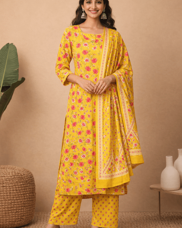 mustard yellow cotton floral printed kurta pant set with dupatta