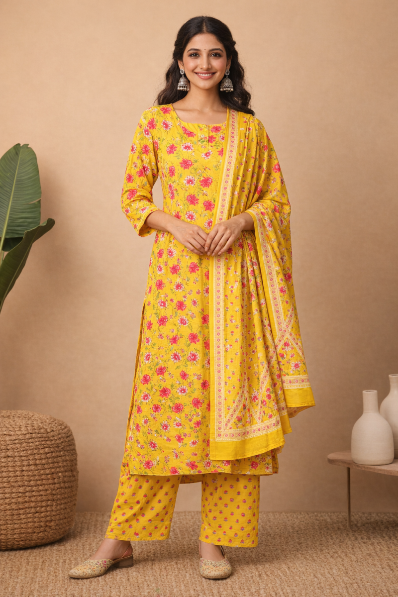 mustard yellow cotton floral printed kurta pant set with dupatta