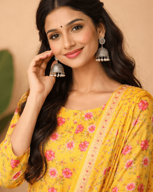 mustard yellow cotton floral printed kurta pant set with dupatta