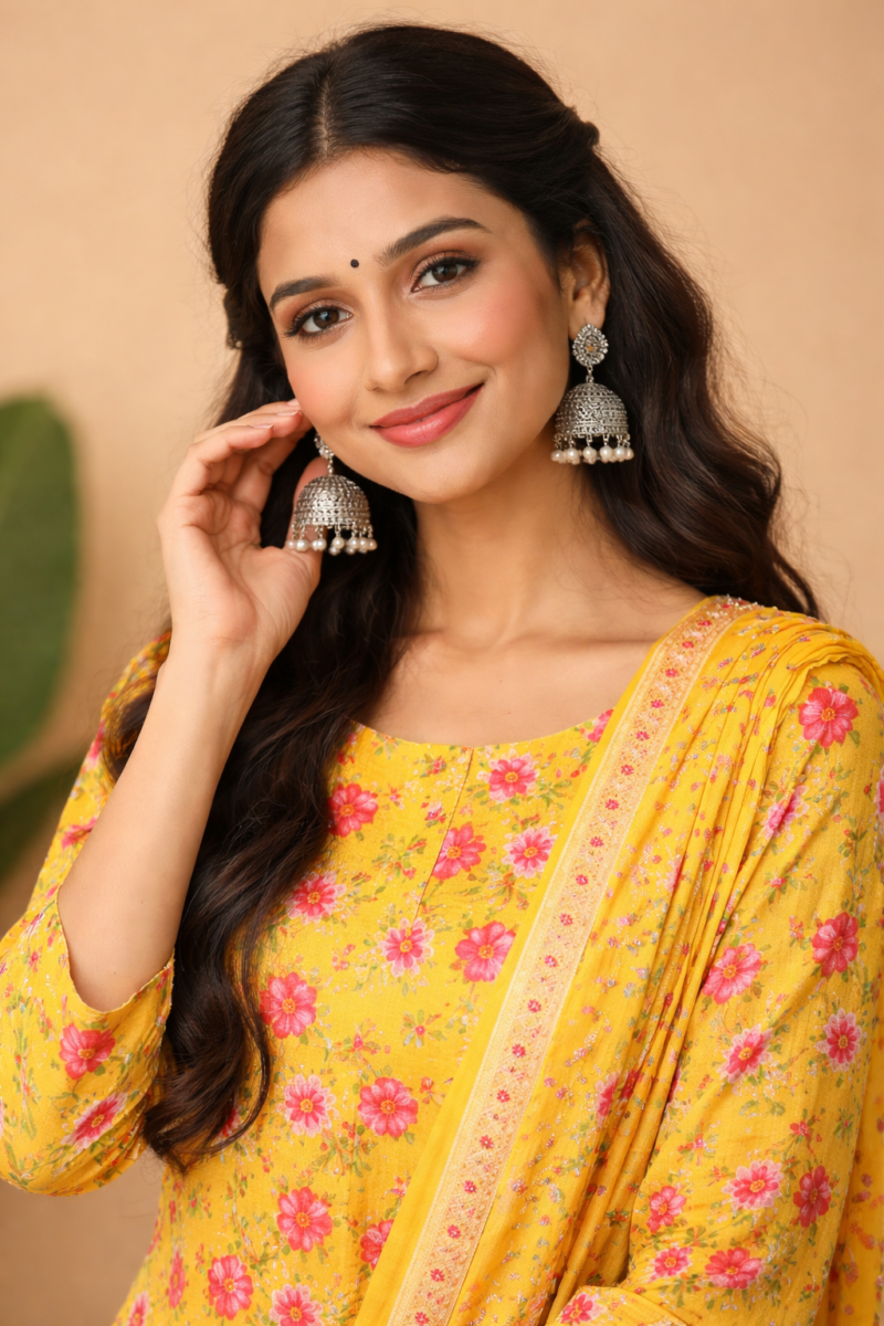 mustard yellow cotton floral printed kurta pant set with dupatta