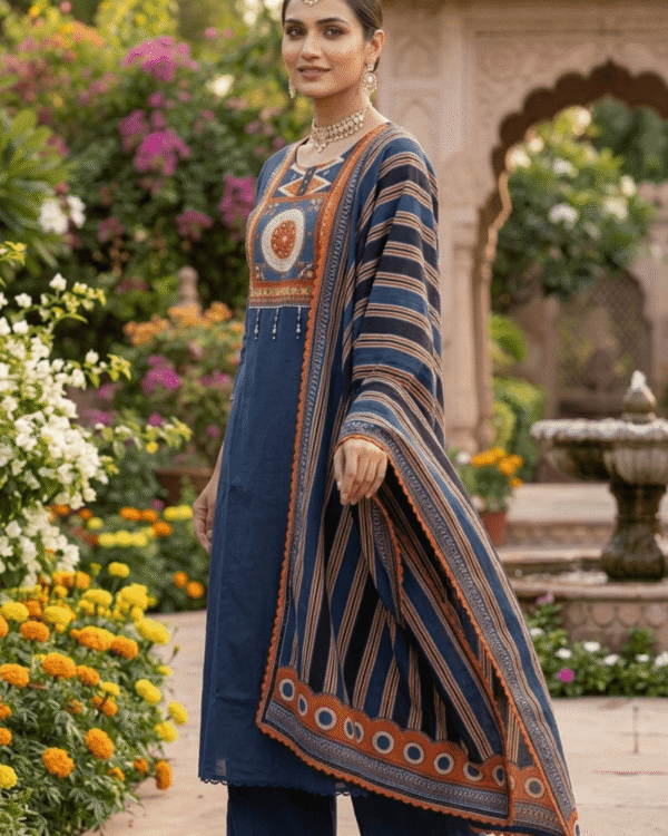 navy blue cotton kurta pant set with rust printed dupatta