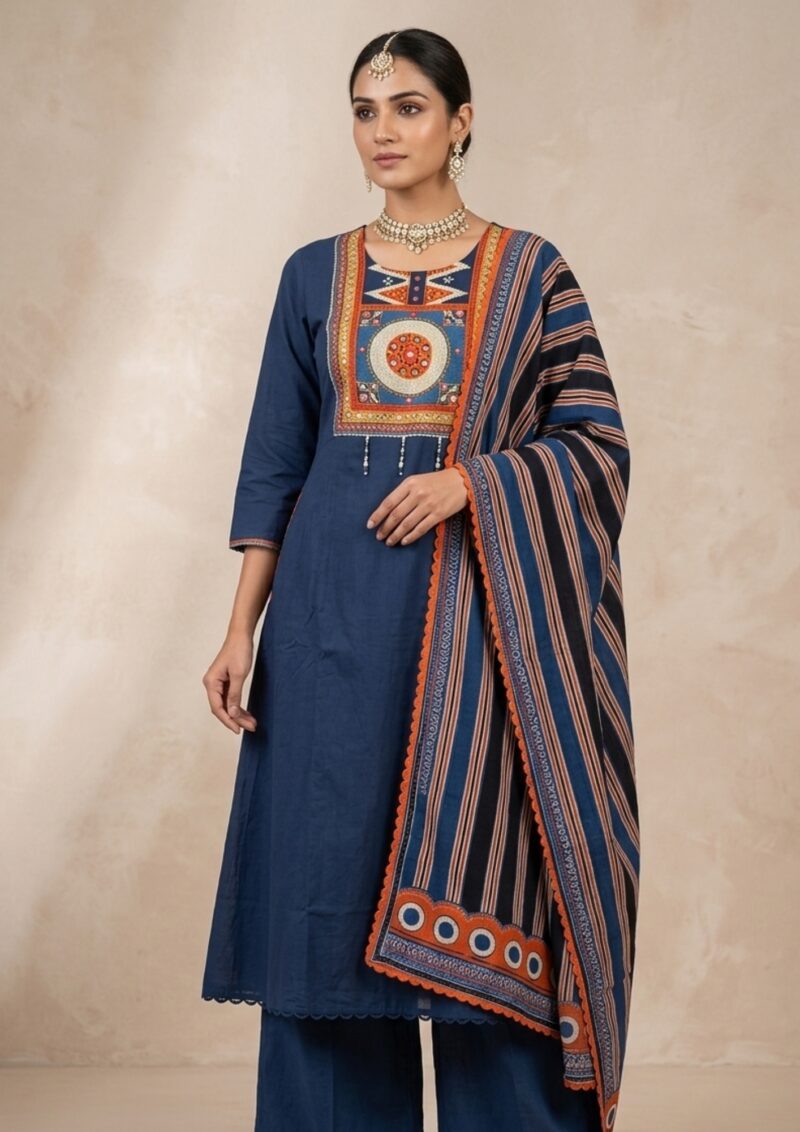 navy blue cotton kurta pant set with rust printed dupatta