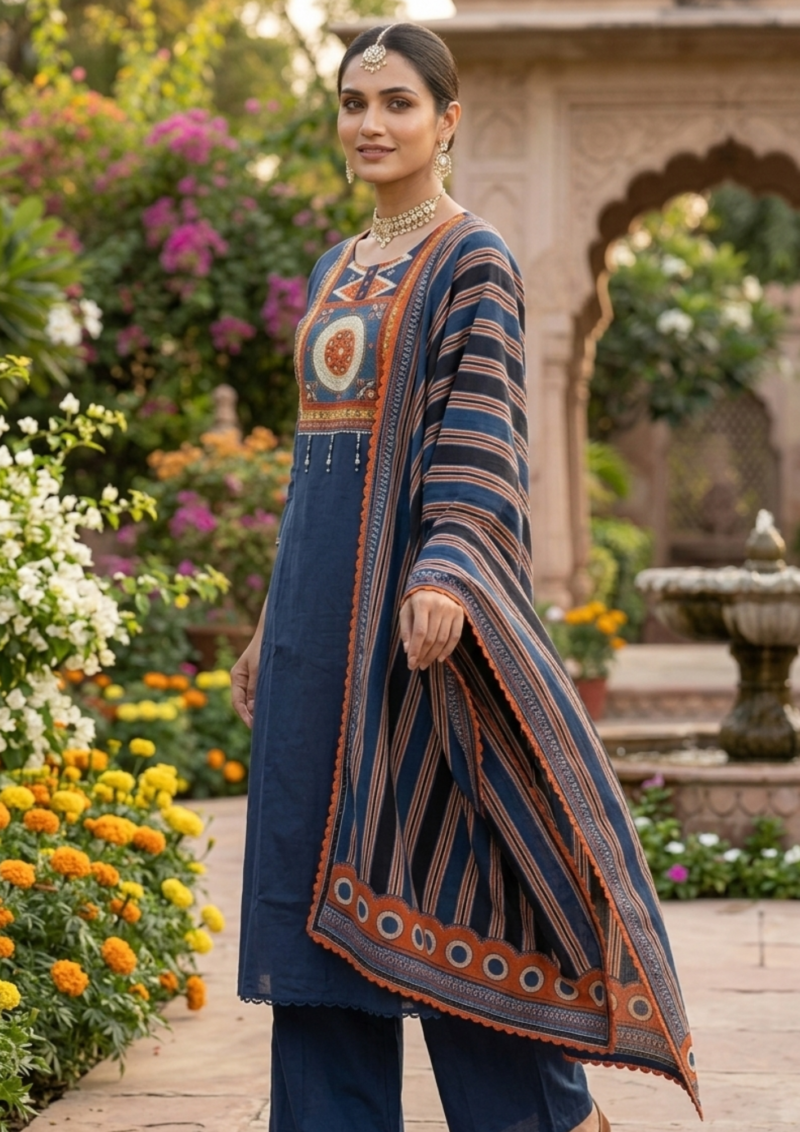 navy blue cotton kurta pant set with rust printed dupatta