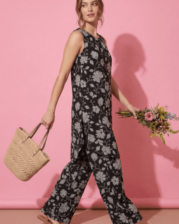 black cotton kurta pant set with white floral print