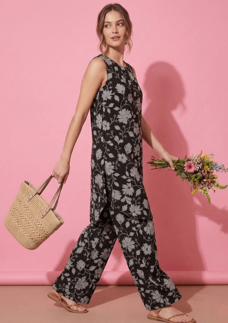 black cotton kurta pant set with white floral print