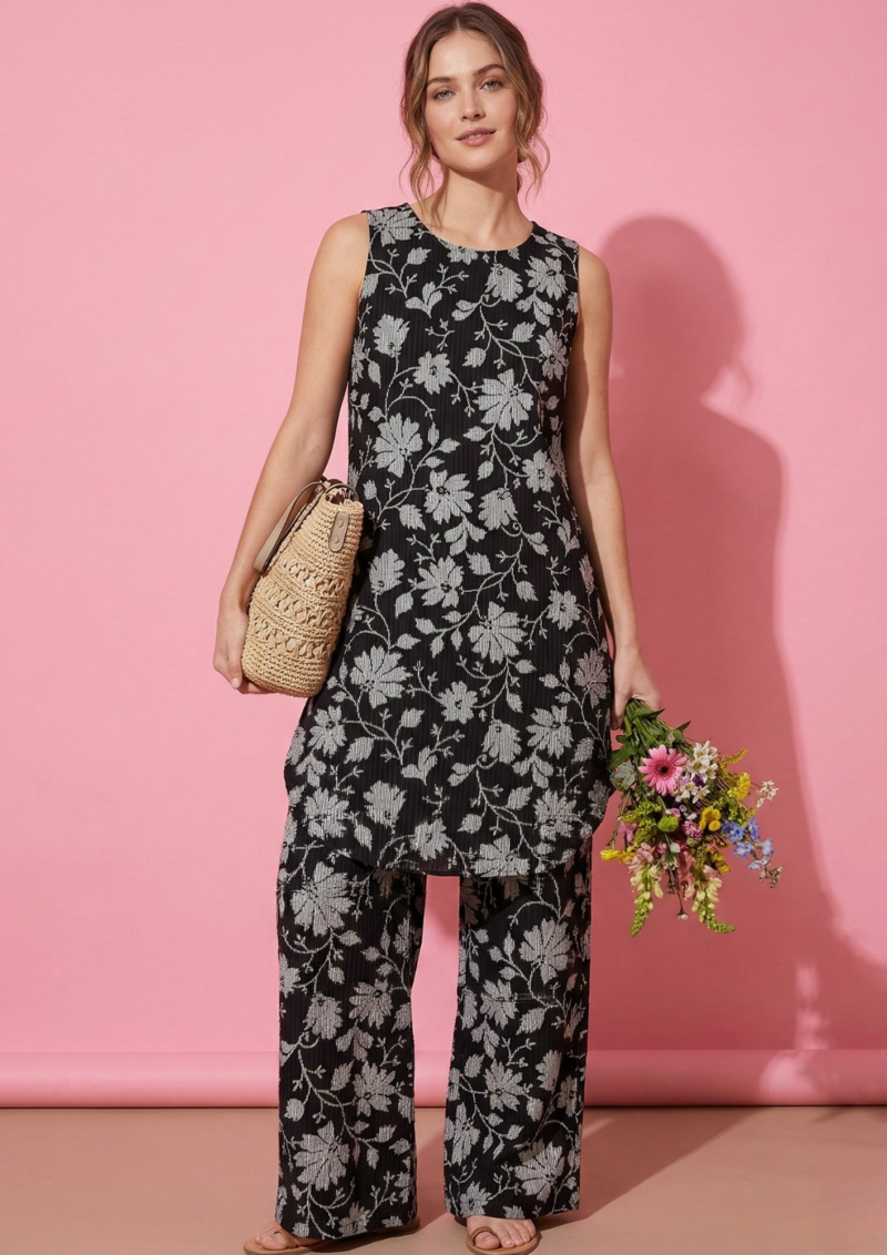 black cotton kurta pant set with white floral print