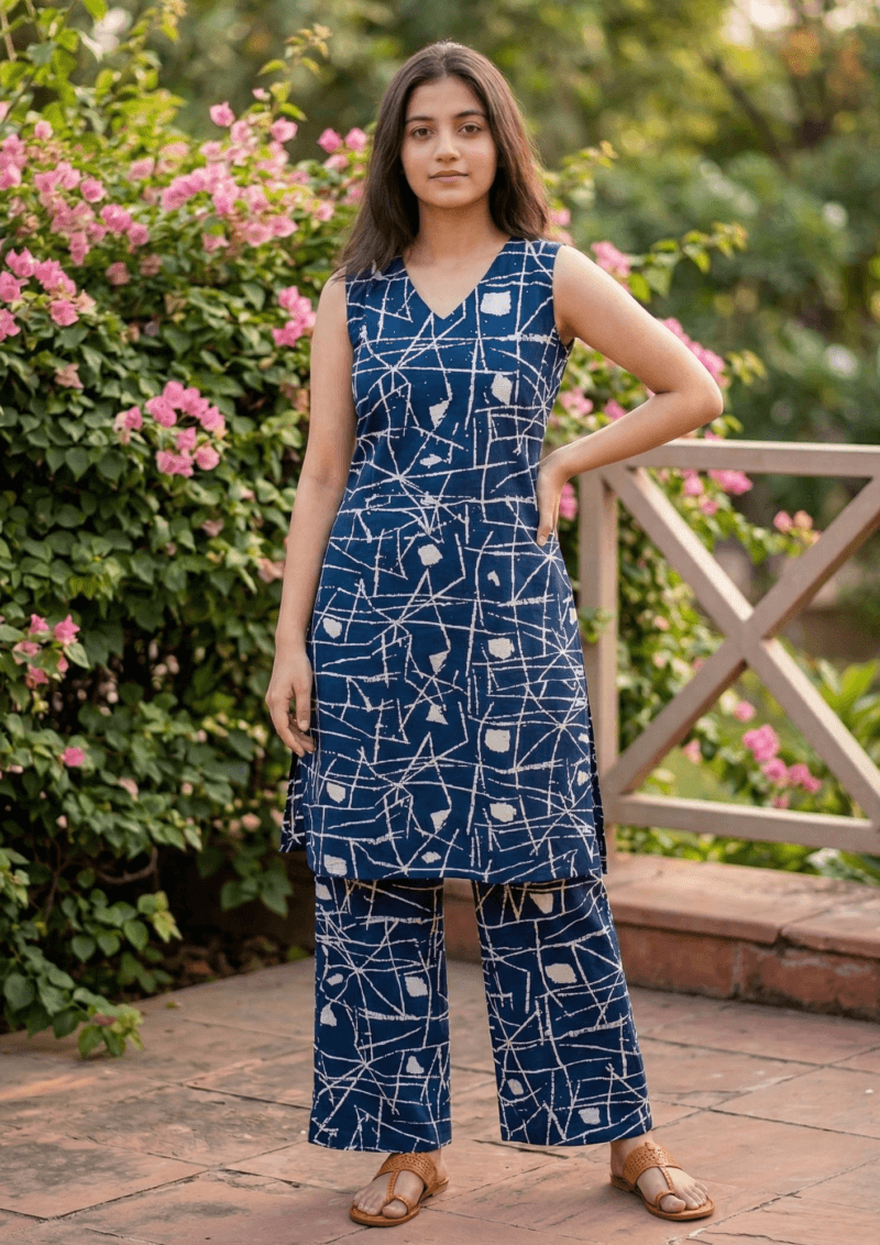 navy blue cotton kurta pant set with abstract white print