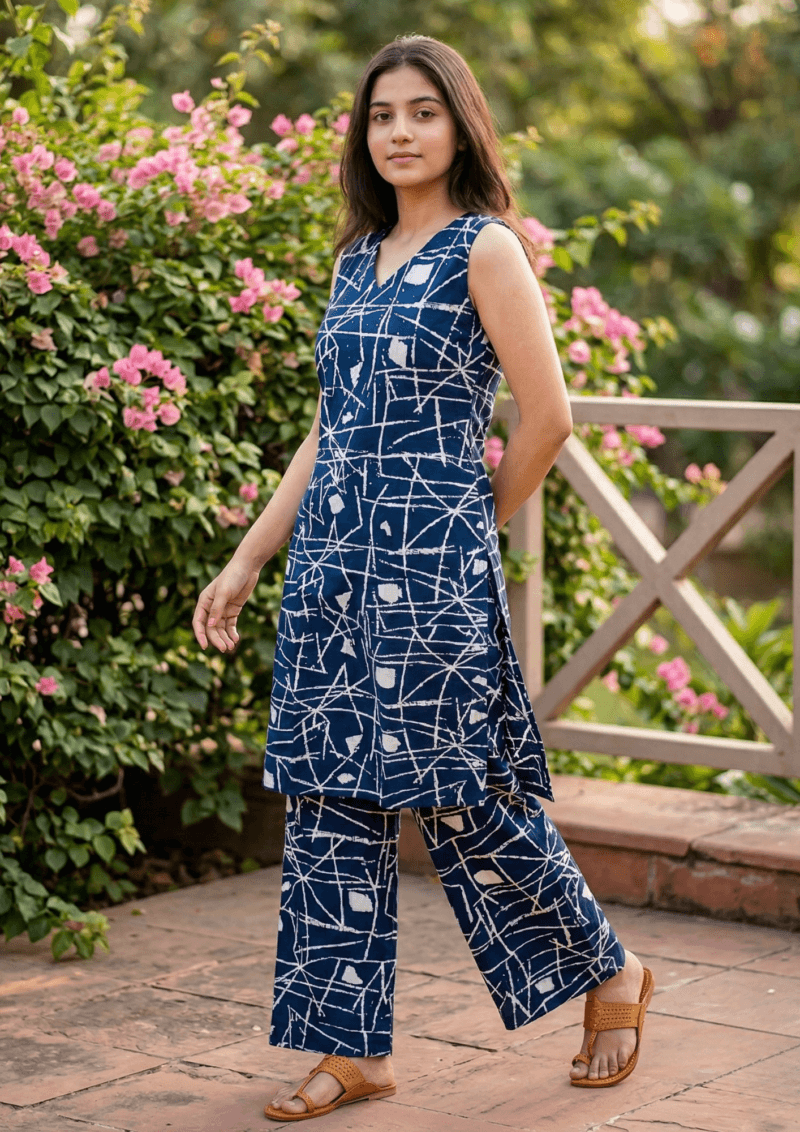 navy blue cotton kurta pant set with abstract white print