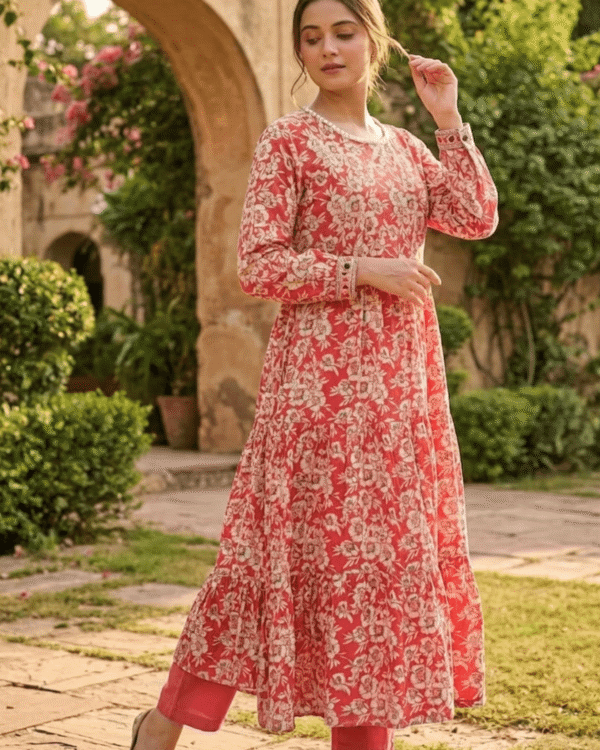 red cotton kurta with elegant beige floral print pattern