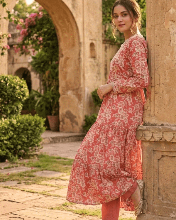 red cotton kurta with elegant beige floral print pattern