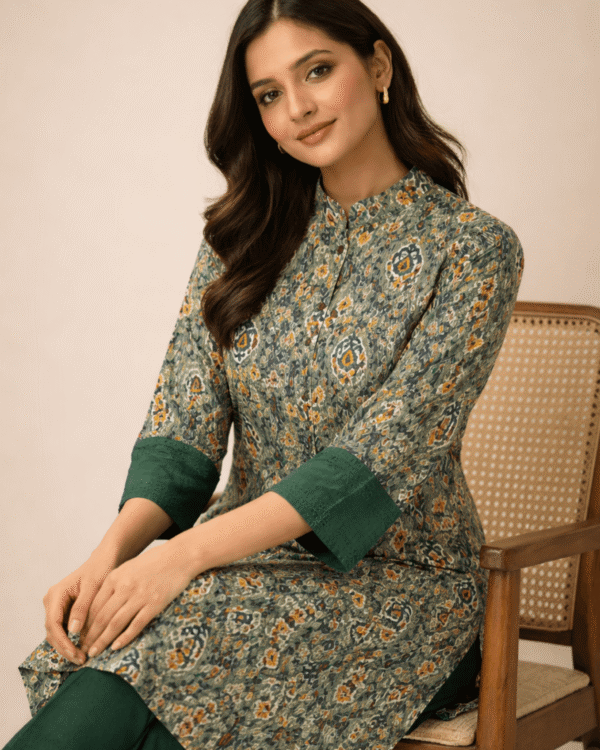 olive green cotton kurta with multicolour ikat inspired ethnic print