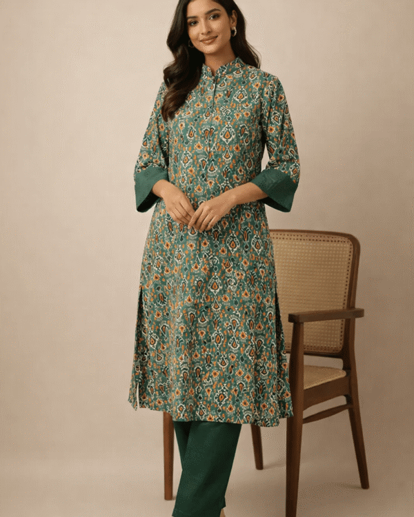 olive green cotton kurta with multicolour ikat inspired ethnic print