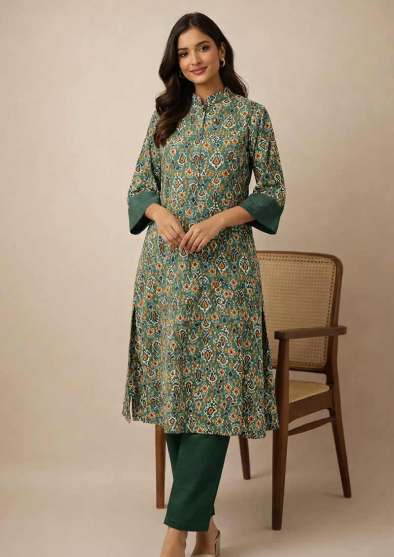 olive green cotton kurta with multicolour ikat inspired ethnic print