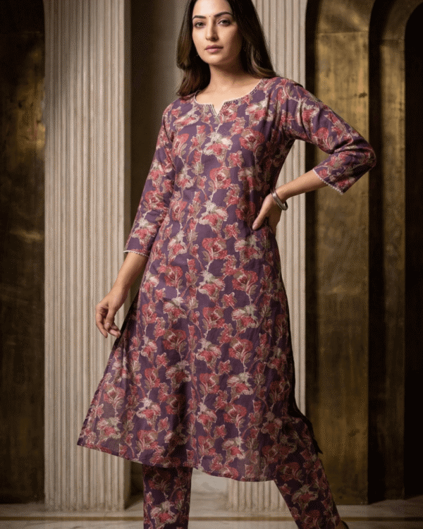 purple cotton kurta with red beige floral printed pattern design