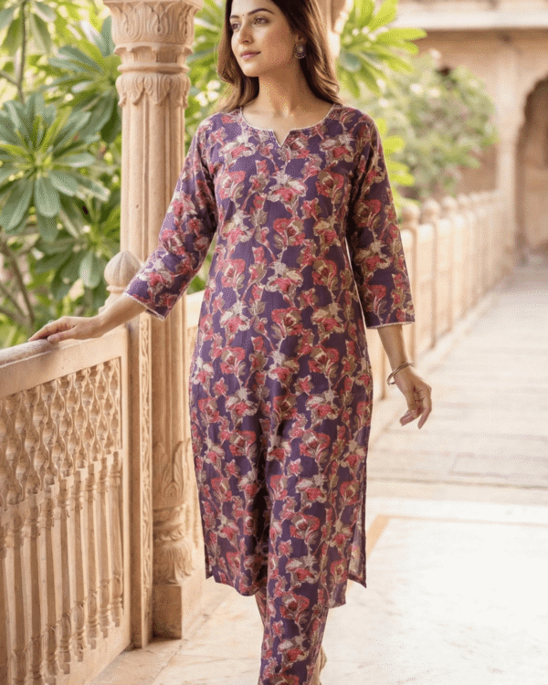 purple cotton kurta with red beige floral printed pattern design