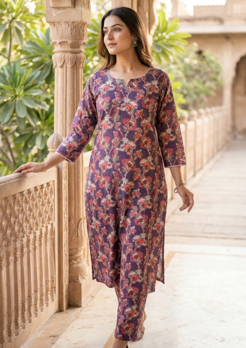 purple cotton kurta with red beige floral printed pattern design