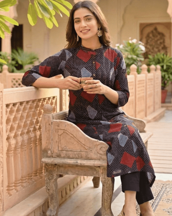 black cotton kurta with red blue geometric printed contemporary design pattern