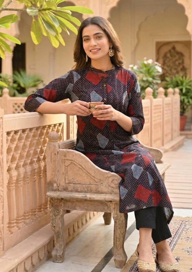 black cotton kurta with red blue geometric printed contemporary design pattern