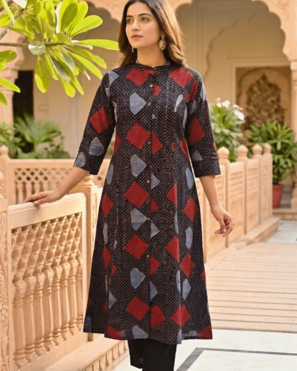 black cotton kurta with red blue geometric printed contemporary design pattern