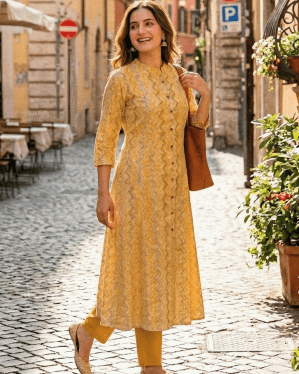 mustard yellow cotton kurta with olive zigzag printed contemporary pattern design