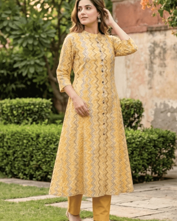 mustard yellow cotton kurta with olive zigzag printed contemporary pattern design
