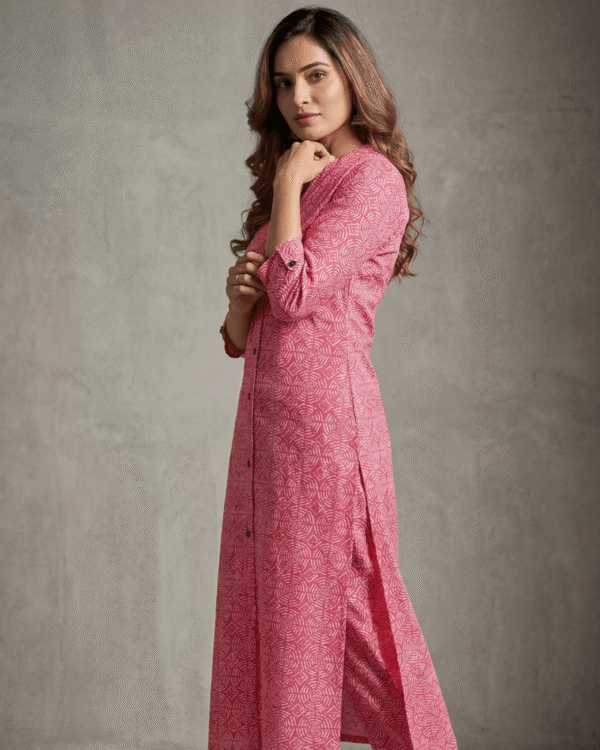 pink cotton kurta with white circular geometric printed contemporary design pattern