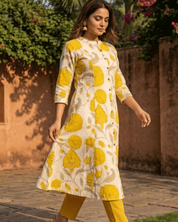 off white khadi cotton kurta with yellow floral printed contemporary design