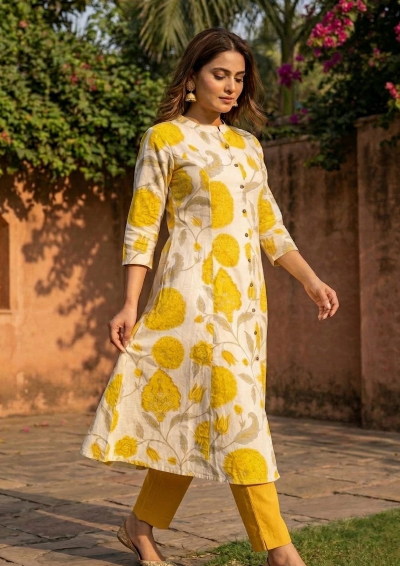 off white khadi cotton kurta with yellow floral printed contemporary design
