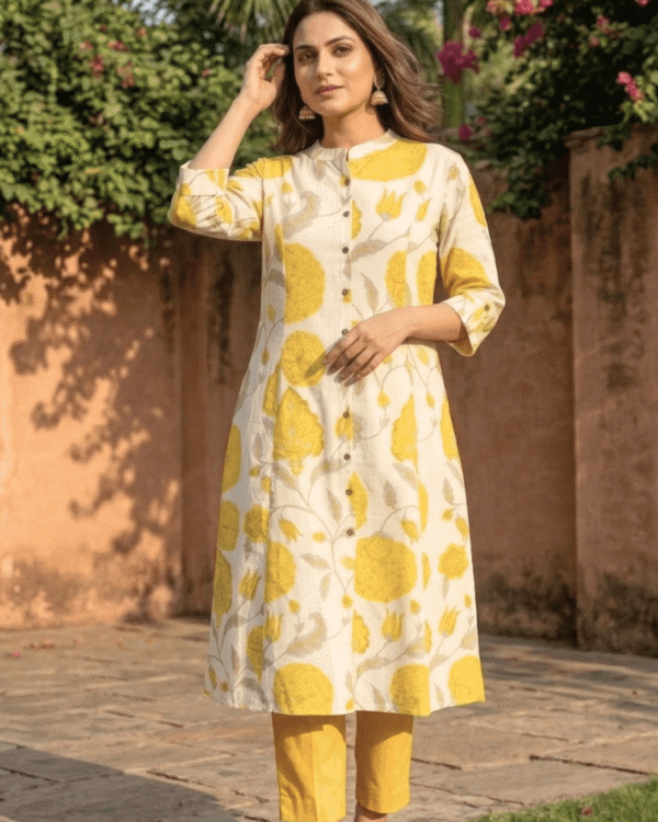 off white khadi cotton kurta with yellow floral printed contemporary design