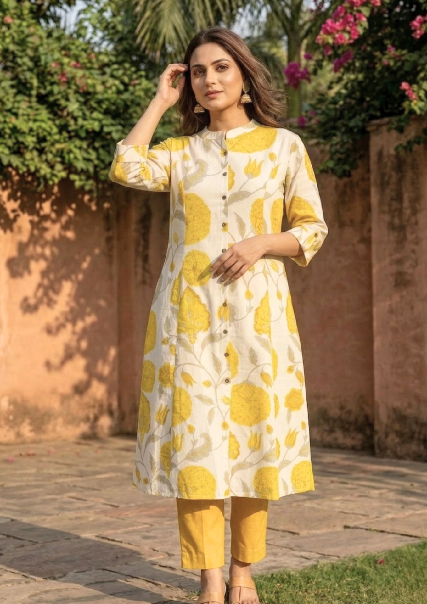 off white khadi cotton kurta with yellow floral printed contemporary design