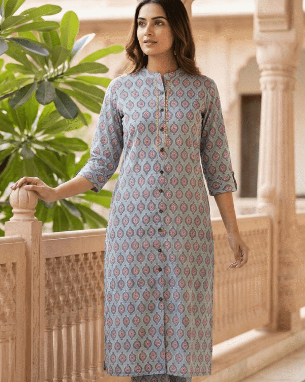 teal cotton kurta with pink traditional buta printed pattern design
