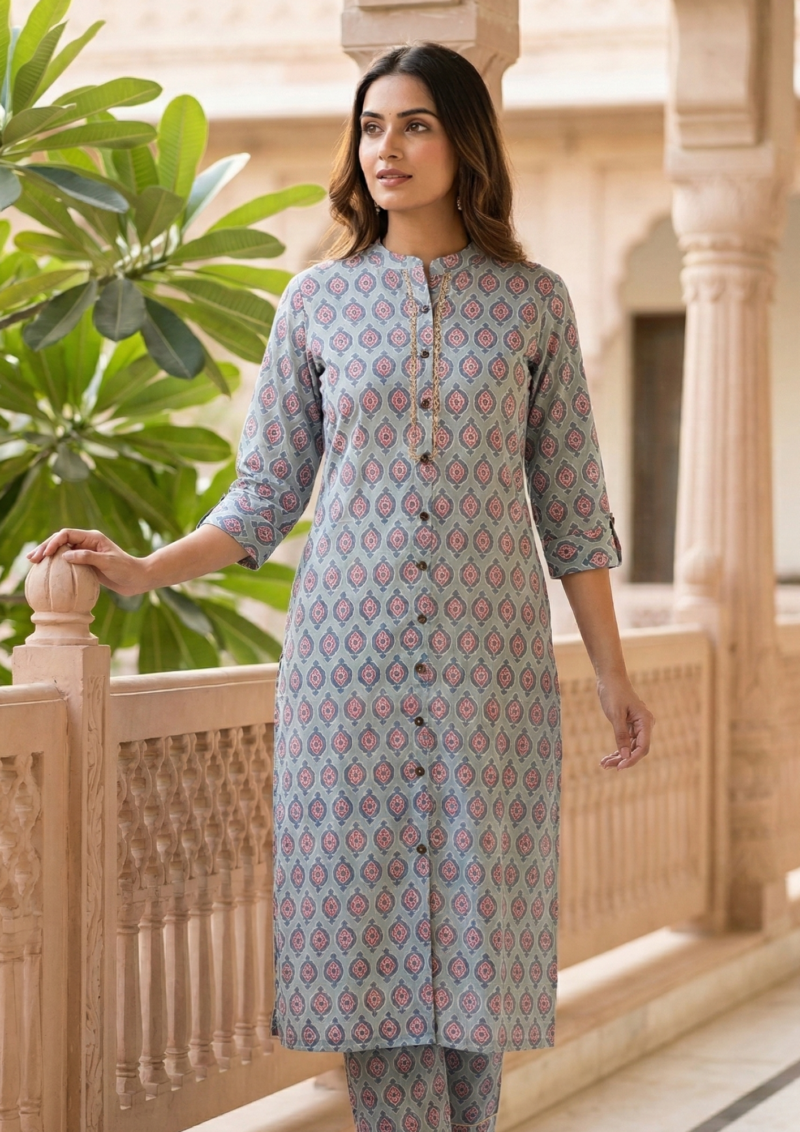 teal cotton kurta with pink traditional buta printed pattern design