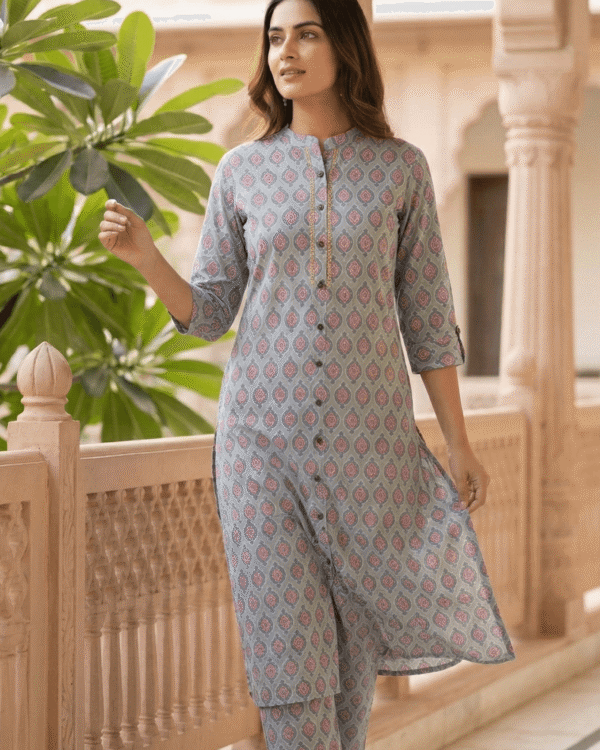 teal cotton kurta with pink traditional buta printed pattern design