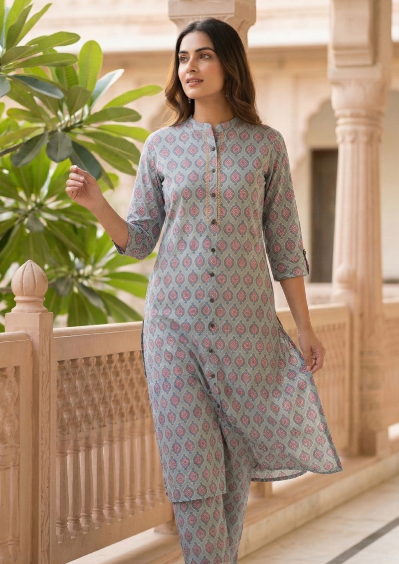 teal cotton kurta with pink traditional buta printed pattern design