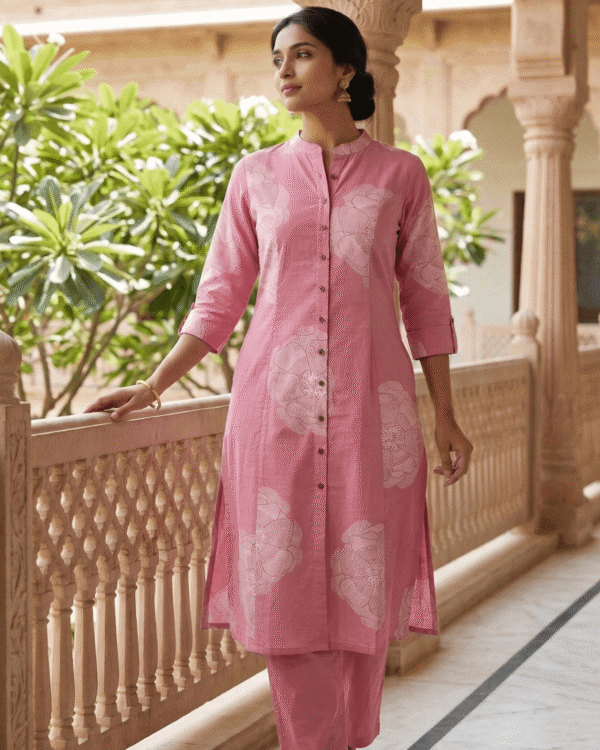 rose pink cotton kurta with soft white floral printed pattern