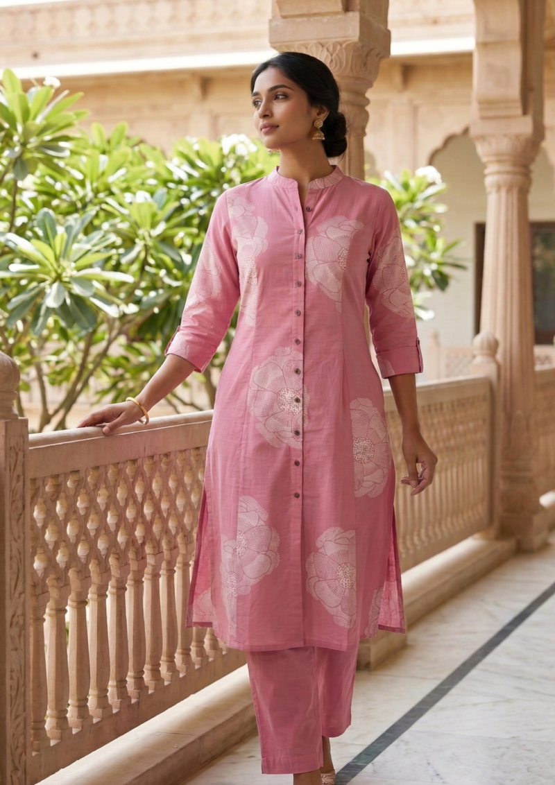 rose pink cotton kurta with soft white floral printed pattern