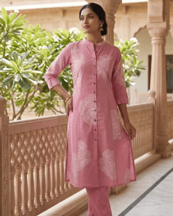rose pink cotton kurta with soft white floral printed pattern