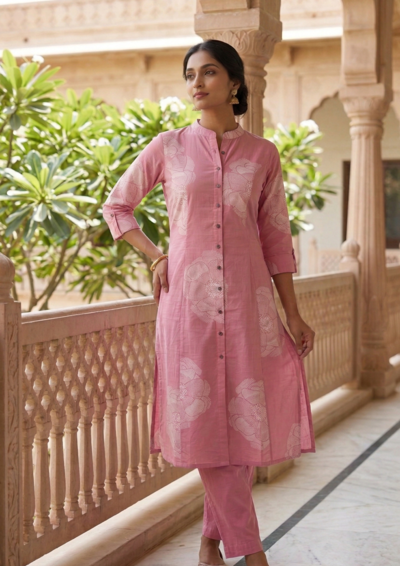 rose pink cotton kurta with soft white floral printed pattern