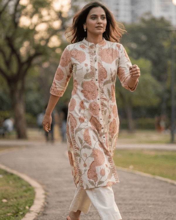 beige khadi cotton kurta with rust floral printed elegant traditional pattern