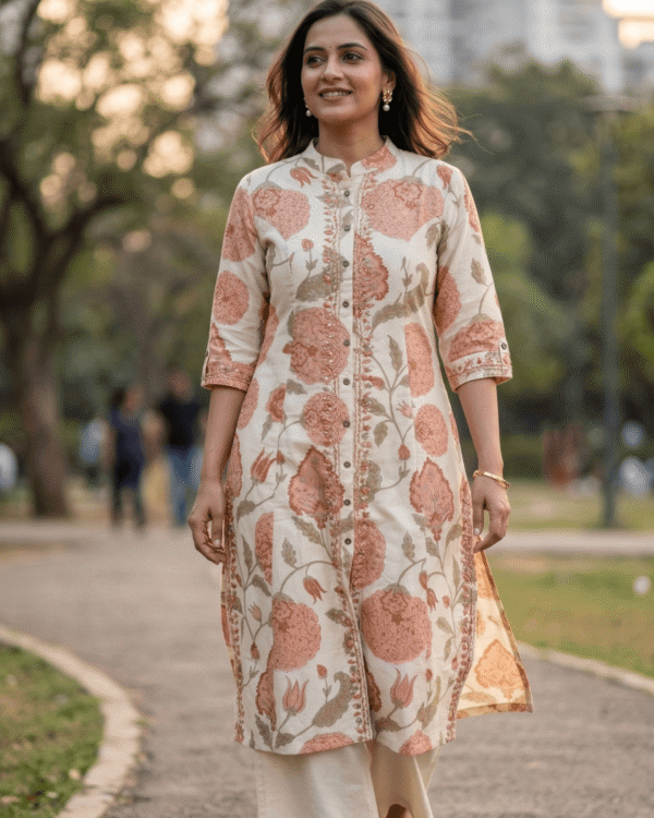 beige khadi cotton kurta with rust floral printed elegant traditional pattern