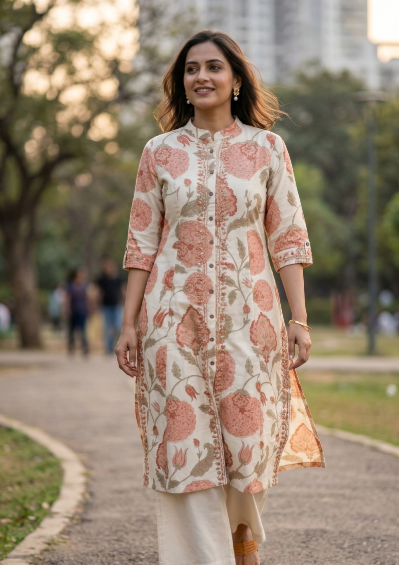 beige khadi cotton kurta with rust floral printed elegant traditional pattern