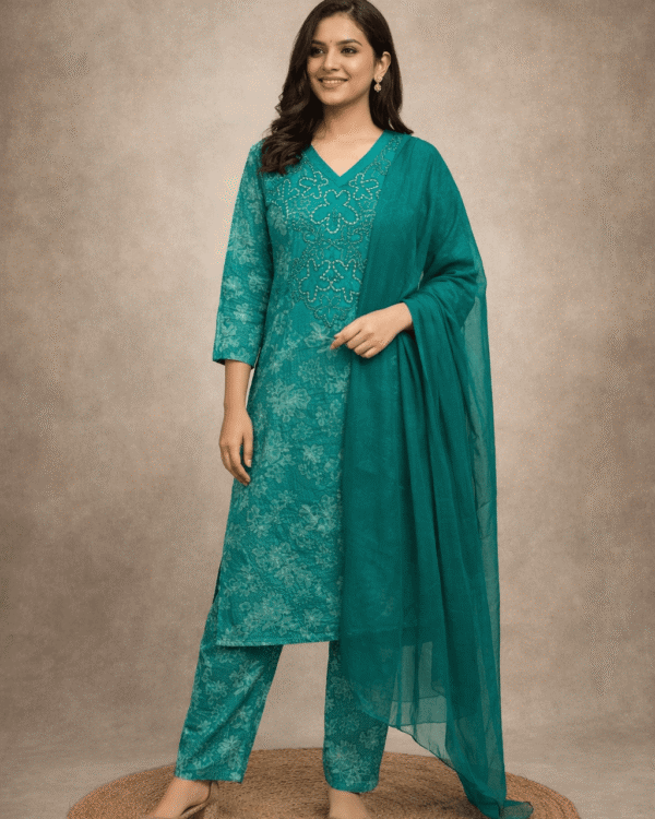 teal green cotton kurta pant set with lightweight chiffon dupatta