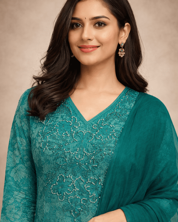 teal green cotton kurta pant set with lightweight chiffon dupatta
