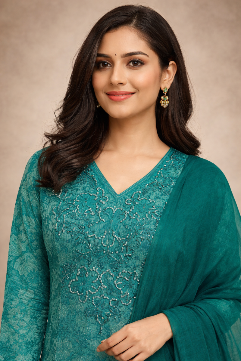 teal green cotton kurta pant set with lightweight chiffon dupatta