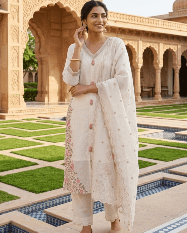 ivory mulmul blend kurta pant set with embroidered chiffon dupatta