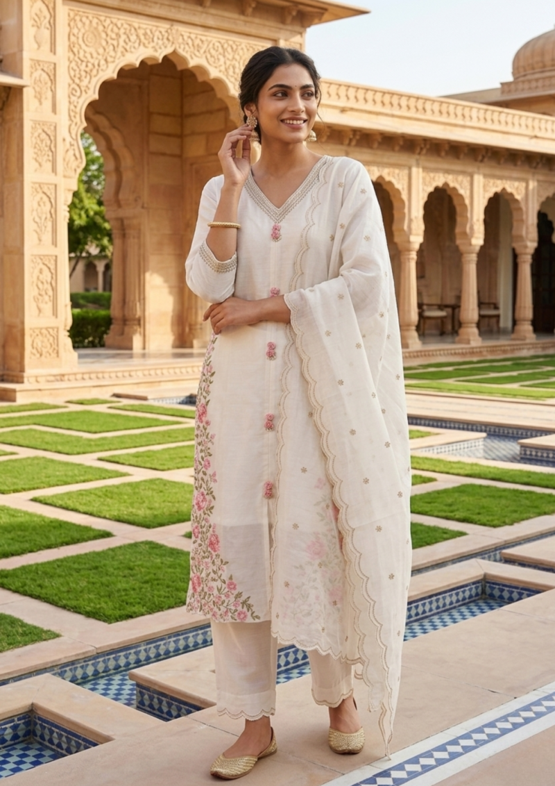 ivory mulmul blend kurta pant set with embroidered chiffon dupatta