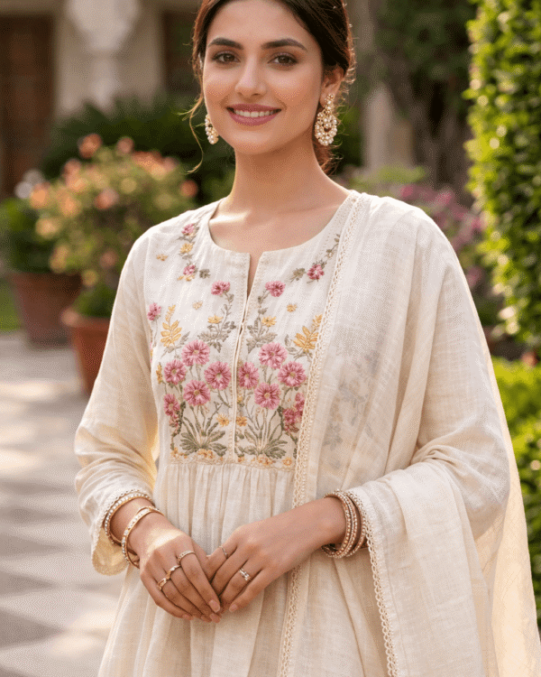 ivory malmal embroidered kurta and straight pant with dupatta