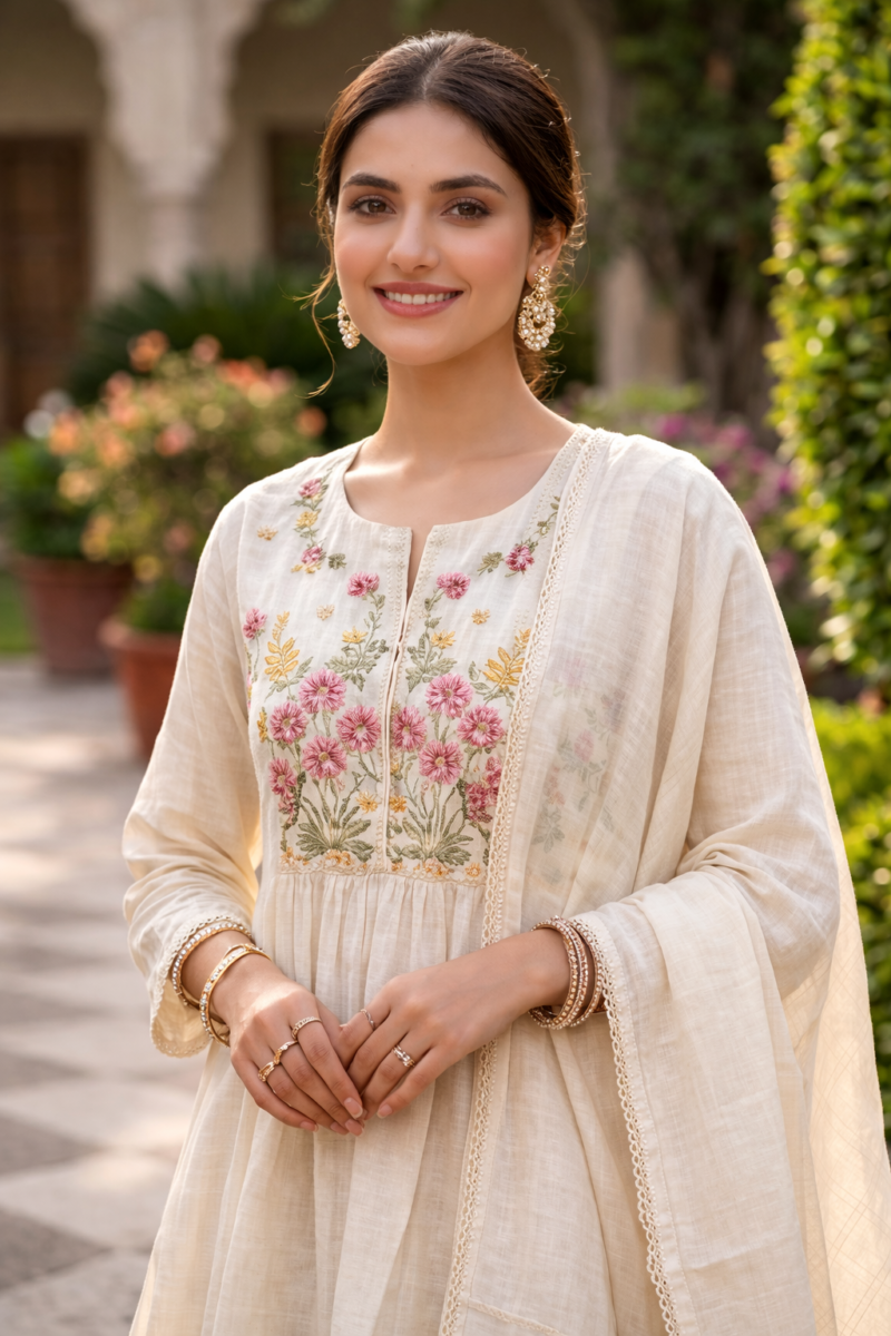 ivory malmal embroidered kurta and straight pant with dupatta